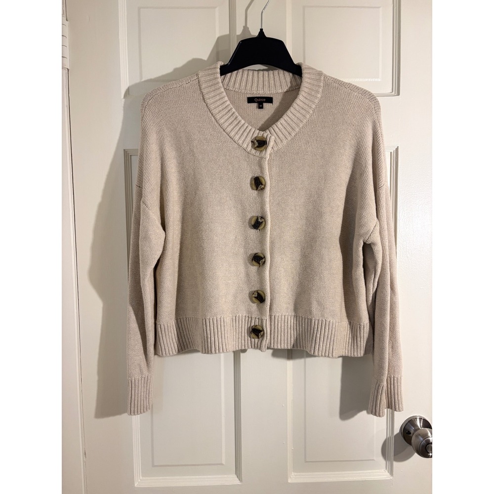 Quince Organic Cotton Cropped Cardigan Oatmeal Beige Button Front Sweater M